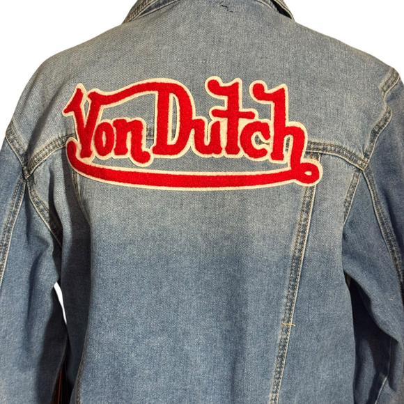 Size XL Von Dutch Blue Denim Jean Jacket with Red Logo XL Red Logo Patch Y2K - Picture 2 of 10